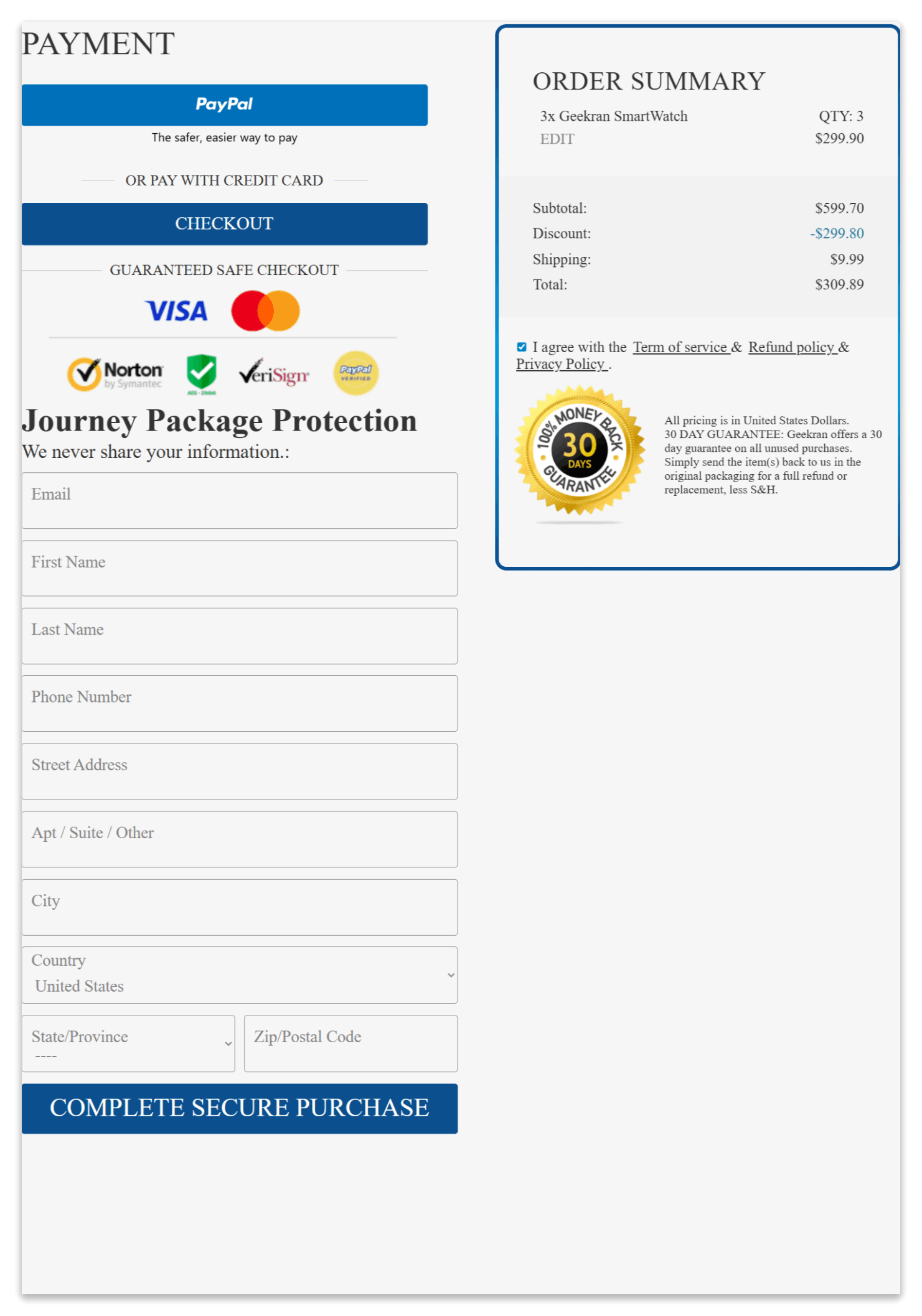 Geekran SmartWatch secure checkout page